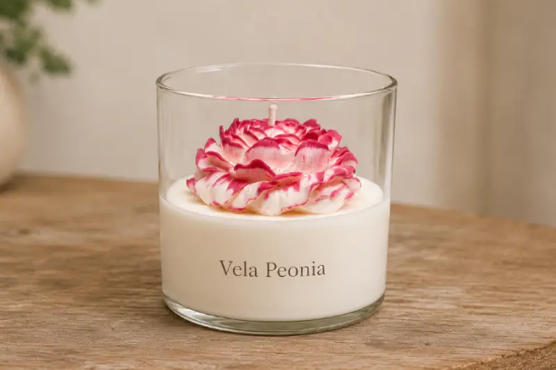Vela de peonía dentro de un recipiente de vidrio