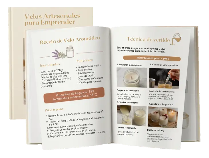 Libro abierto con recetas de velas artesanales
