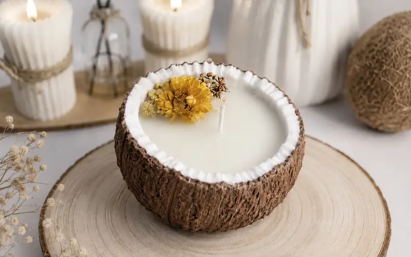 Vela de coco artesanal en recipiente natural